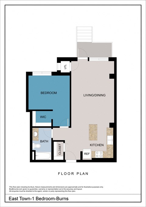 Floor plan for 1 bed, 1 bath, 724 sqft